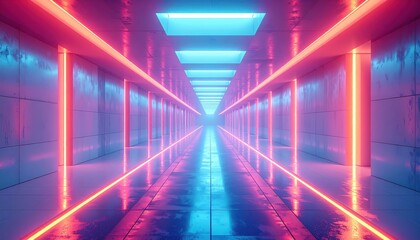 Futuristic passageway with alternating strip lights, minimal color palette