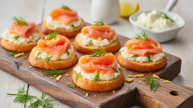 Delicious small appetizers made with crispy toast, creamy cheese, smoked salmon and fresh dill, arranged on wooden board. Elegant snack for parties or festive occasions.