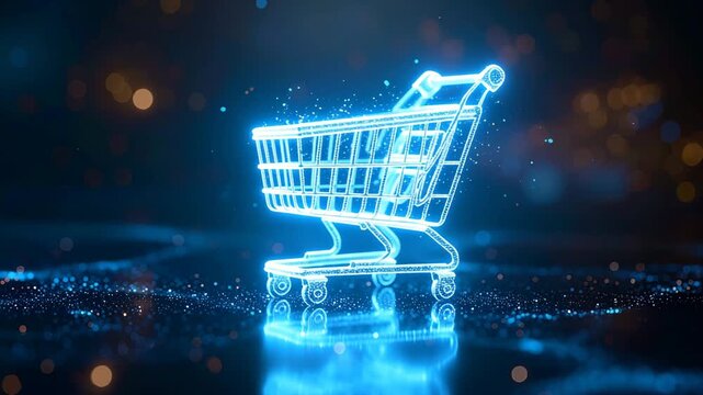 Digital Shopping Cart: A luminous shopping cart icon glows against a backdrop of digital bokeh, suggesting the convenience and innovation of online shopping.