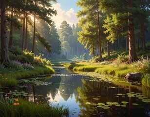 Lush forest scene. A gentle stream flows through a sun-dappled valley. Trees frame the water, with colorful wildflowers
