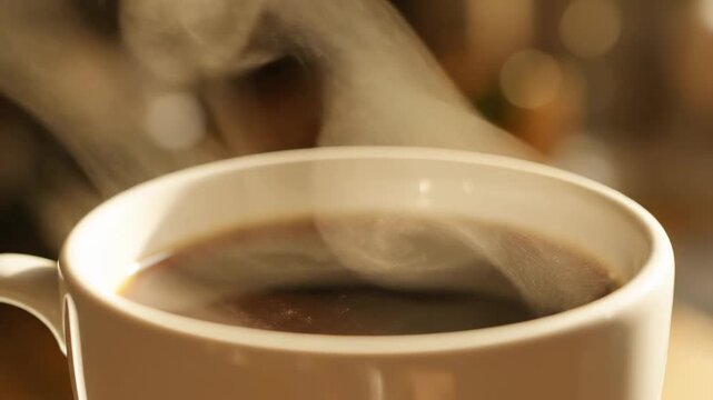 Steaming cup of coffee in warm light captures cozy atmosphere and morning serenity