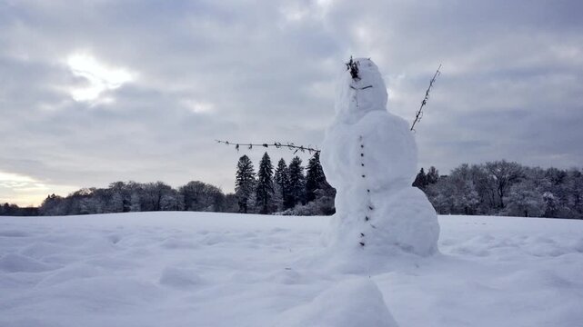 Schneemann auf dem Feld am Waldrand im Winter