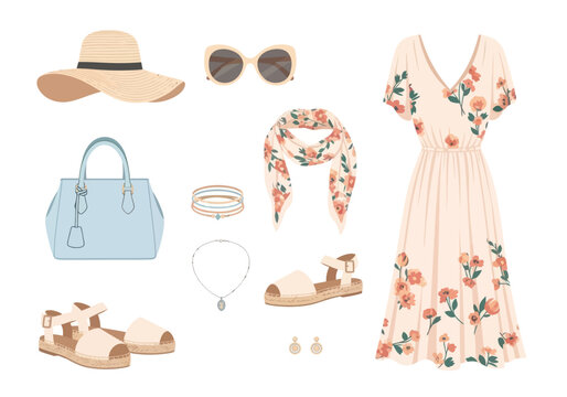 Floral summer dress outfit with beige sandals, straw hat, sunglasses, blue handbag, scarf, and jewelry flat lay perfect for warm weather fashion