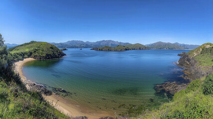 Breathtaking summer scene at tranquil bay with clear blue water, lush green hills, and distant mountains