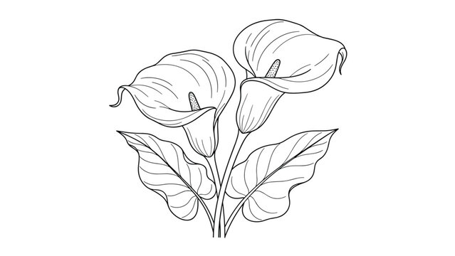 Elegant black and white line drawing of three calla lily flowers and leaves for sophisticated floral arrangements and wedding decor.