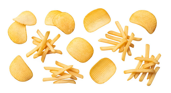 set of potato chips, pommes frittes or french fries, isolated on white or transparent background. PNG