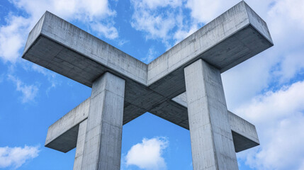 Fototapeta premium Brutalist architecture features concrete structure with unique geometric design against blue sky, evoking sense of strength