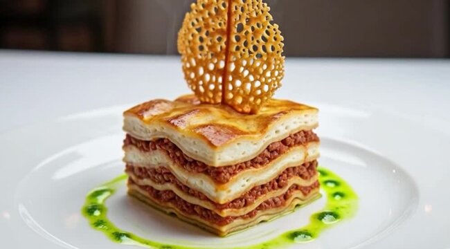 Gourmet Stacked Lasagna: Fine Dining Italian Pasta Recipe with Rich Ragu, Creamy Bechamel, and Crispy Parmesan Tuile Garnish
