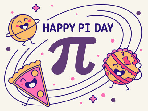 Cute cartoon characters celebrating Pi Day with a pie slice and a planet  happy and playful scene