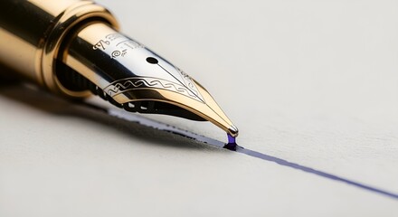 Close up of a fountain pen writing a smooth blue line on paper.
