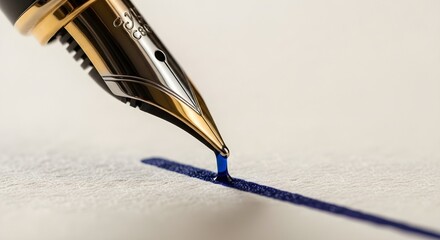 Fountain pen tip drawing a bold blue ink stroke.