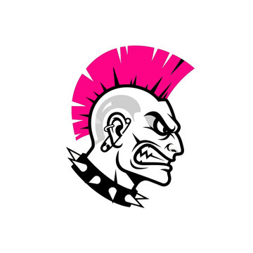 Angry punk rocker with mohawk and spiked collar, aggressive face, vector illustration