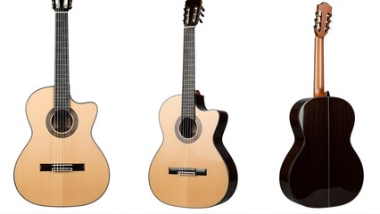 Three acoustic guitars displayed on a transparent background for musical instrument enthusiasts