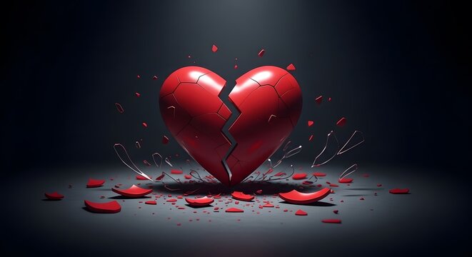 Broken heart with rose petals on dark background