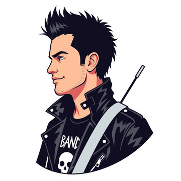 Cool Rocker Guy with Spiky Hair and Leather Jacket, Band T-shirt with Skull