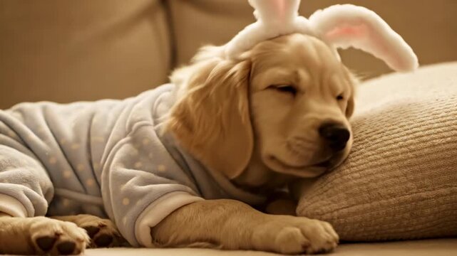 A fluffy golden retriever puppy in a blue onesie and bunny ears