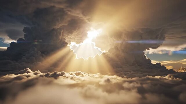 Dramatic sunrays break through majestic clouds creating golden glow and shadows