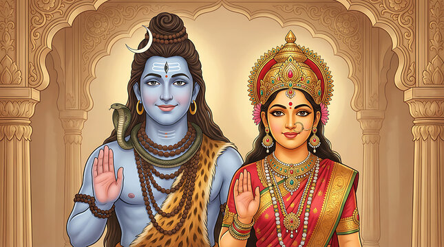 Divine couple lord shiva and goddess parvati standing together in temple for maha shivratri festival celebration representing sacred union of shakti and the almighty mahadev