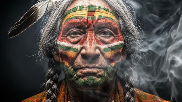 Portrait of an elderly Native American man with colorful tribal face paint and grey hair in braids, wearing a feather, representing indigenous culture and wisdom.