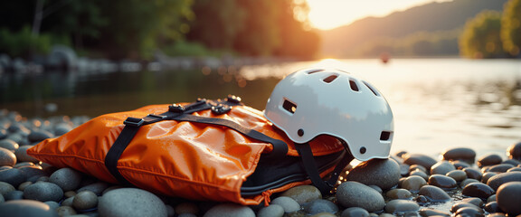 Orange kayak gear and helmet resting on river rocks at sunset  