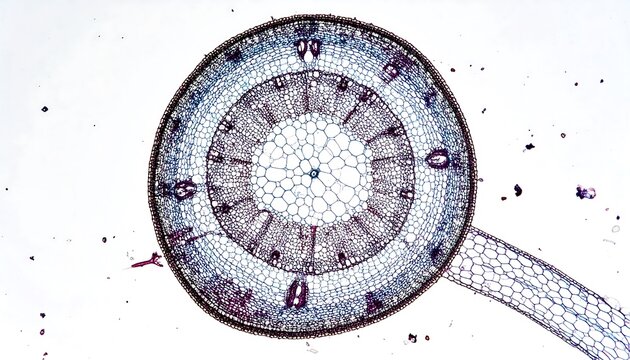 Microscopic cross-section of a stem, revealing concentric rings and cell structures, with an attached leaf fragment