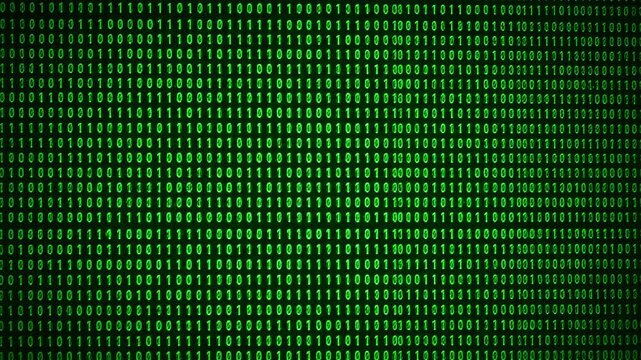 A full screen shows a matrix of green binary code, creating a textured pattern with 0s and 1s