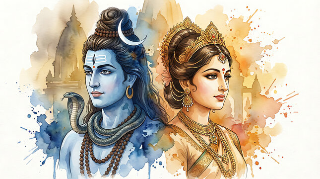 Watercolor illustration of lord shiva and goddess parvati for maha shivratri celebration and mahadev worship with traditional temple background for spiritual religious poster design assets 