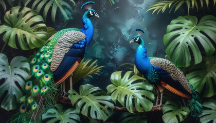 Fototapeta premium tropical leaves greenery with green leaves and colorful peacock birds over black background