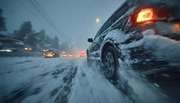 Silver car drives on frozen snowy icy road surface. Rear wheel spins, losing grip, spraying slush, water. Poor visibility, cars in blurred traffic. Cold winter season brings hazardous driving