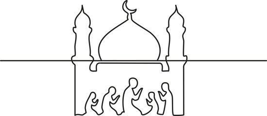 Fototapeta premium Community praying in mosque modern continuous one line minimalist illustration