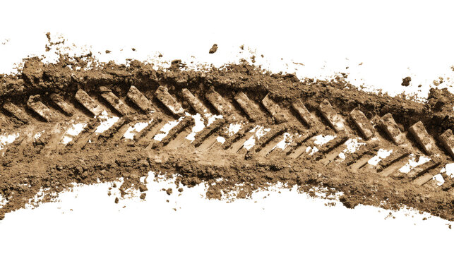 Tire track marks with mud and dirt texture on a white background. Isolated on a white background. 
