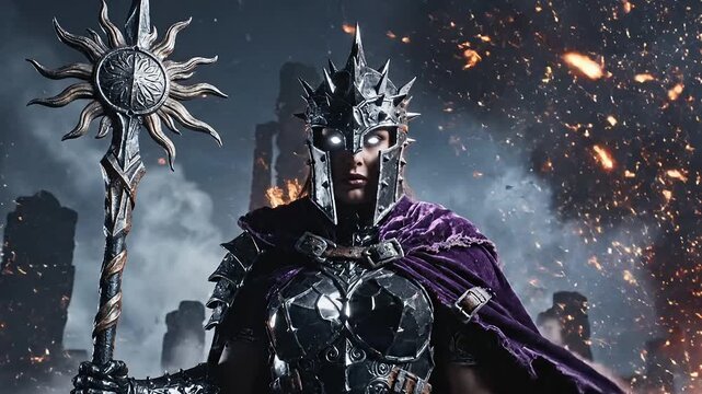 Elite Dark Warrior with Ornate Spear and Royal Purple Cloak in Cinematic Mist
