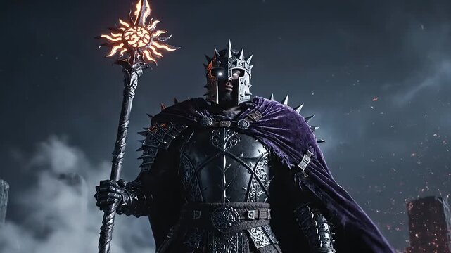 Elite Dark Warrior with Ornate Spear and Royal Purple Cloak in Cinematic Mist
