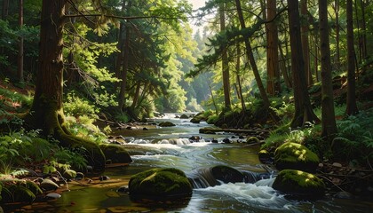 Lush forest scene. Sunlight filters through the canopy, illuminating a flowing river and moss-covered rocks. Tranquil nature