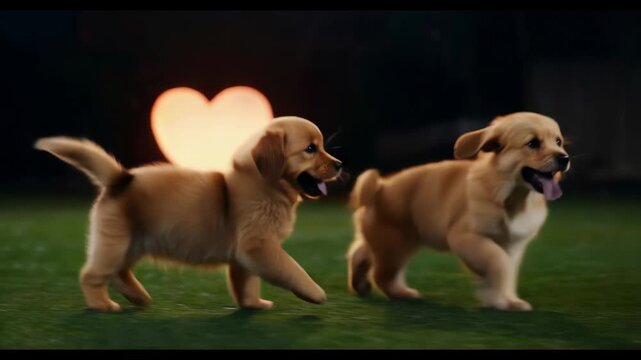 Adorable puppies playfully frolic with heart shaped light in background