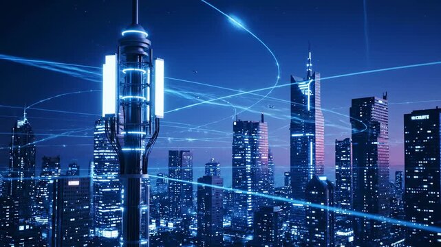 A futuristic cityscape glows in shades of blue at night, with towering skyscrapers connected by glowing lines. A central tower dominates