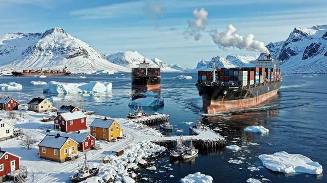 Container ships navigate through an icy fjord past a snow-covered village with colorful houses and majestic mountains.