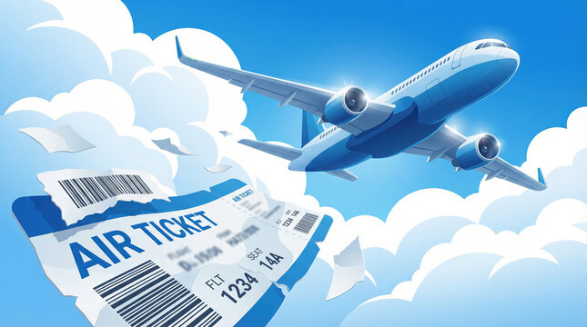 An airplane soars through a bright blue sky with clouds, while a torn air ticket floats in the foreground.