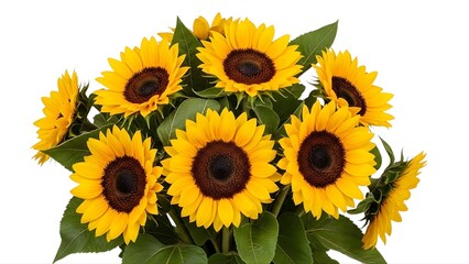 Obraz premium A bouquet of bright yellow sunflowers with green leaves on transparent background