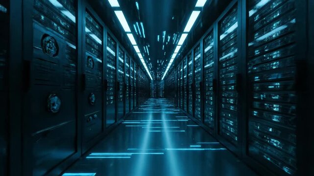 A futuristic corridor with server racks, glowing lights, and a cool blue hue