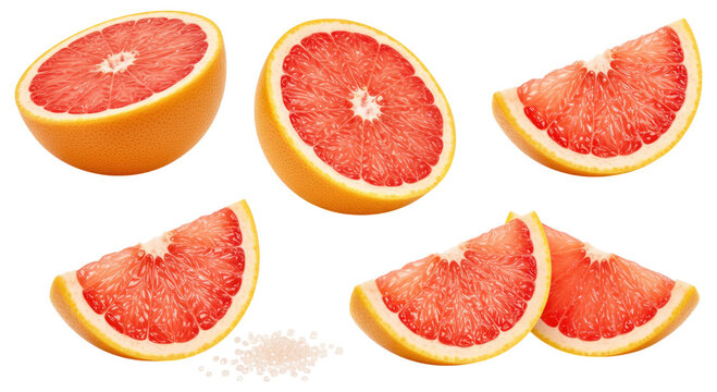 Fresh pink grapefruit halves and wedges arranged on a transparent background, showing bright ruby flesh, juicy segments and yellow rind in a clean studio close-up