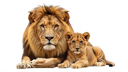 Obraz premium A lion and lioness lying down together on transparent background