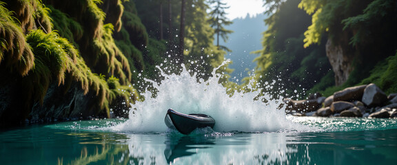 Kayak splashing water while navigating through a green canyon during adventure  