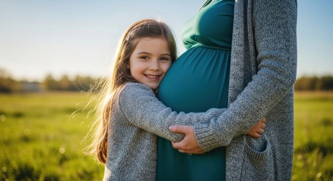 Heartwarming moment of a child hugging her pregnant mother in nature