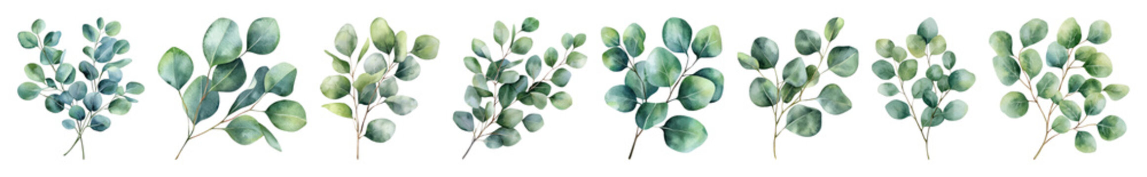 PNG Eucalyptus watercolor leaves seamless border element set on transparent background