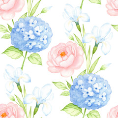 Seamless Watercolor Floral Pattern with Peony, Hydrangea and Iris