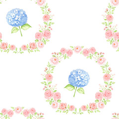 Floral Wreath Watercolor Seamless Pattern with Roses