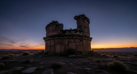 Obraz premium Ancient stone ruin on a rocky hill at sunset overlooking a distant mountain range
