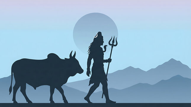 Simple silhouette of lord shiva walking with nandi bull in mountain landscape for maha shivratri dawn and mahadev spiritual journey illustration with blue sky moon