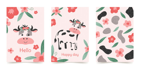 A set of templates for birthday invitations and cards, banners, and more. A cute vector design with an abstract cute cow and flowers.
